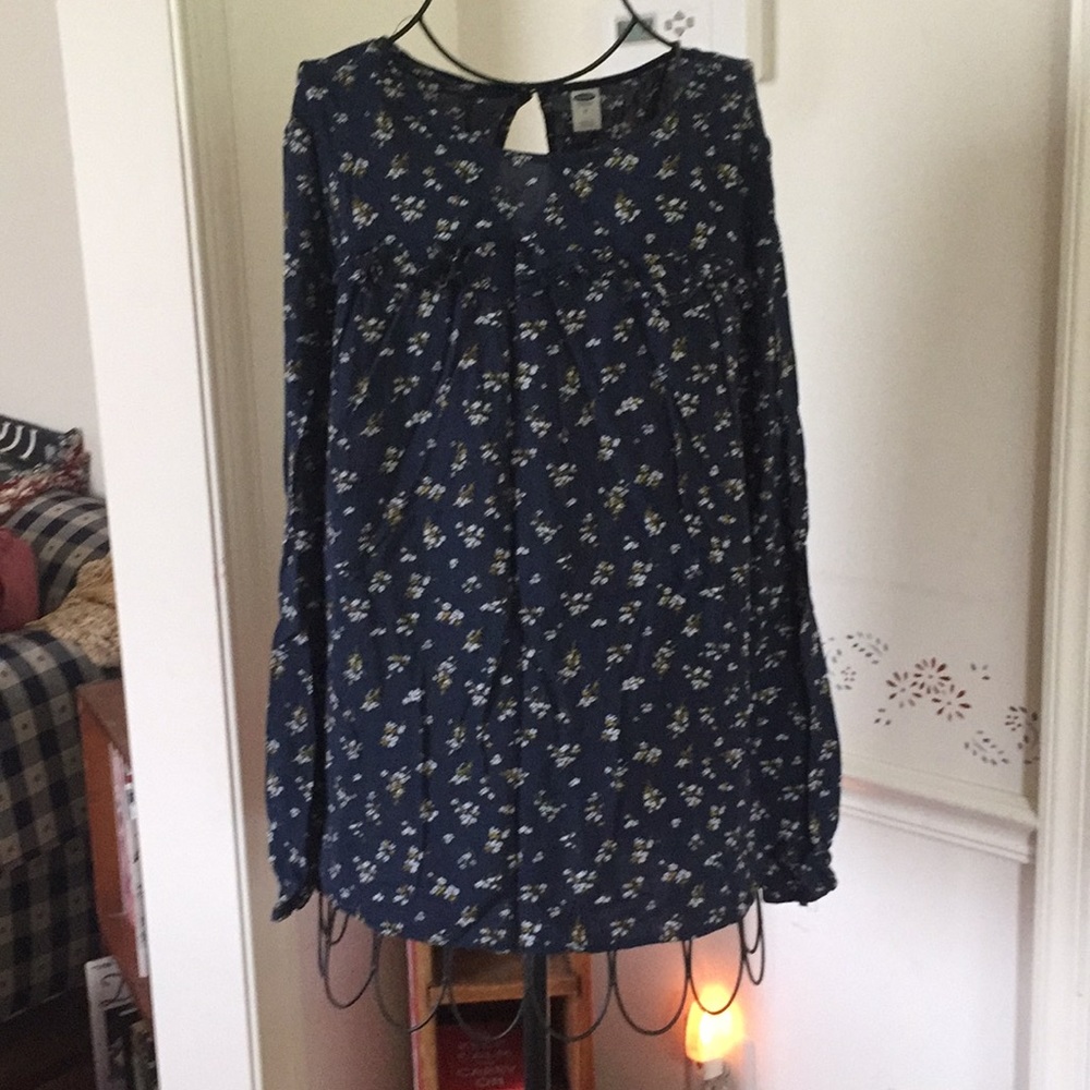Long Sleeve Blue Flowery Blouse